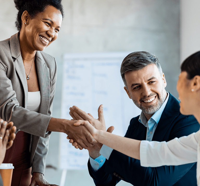 Smiling colleagues shaking hands in office